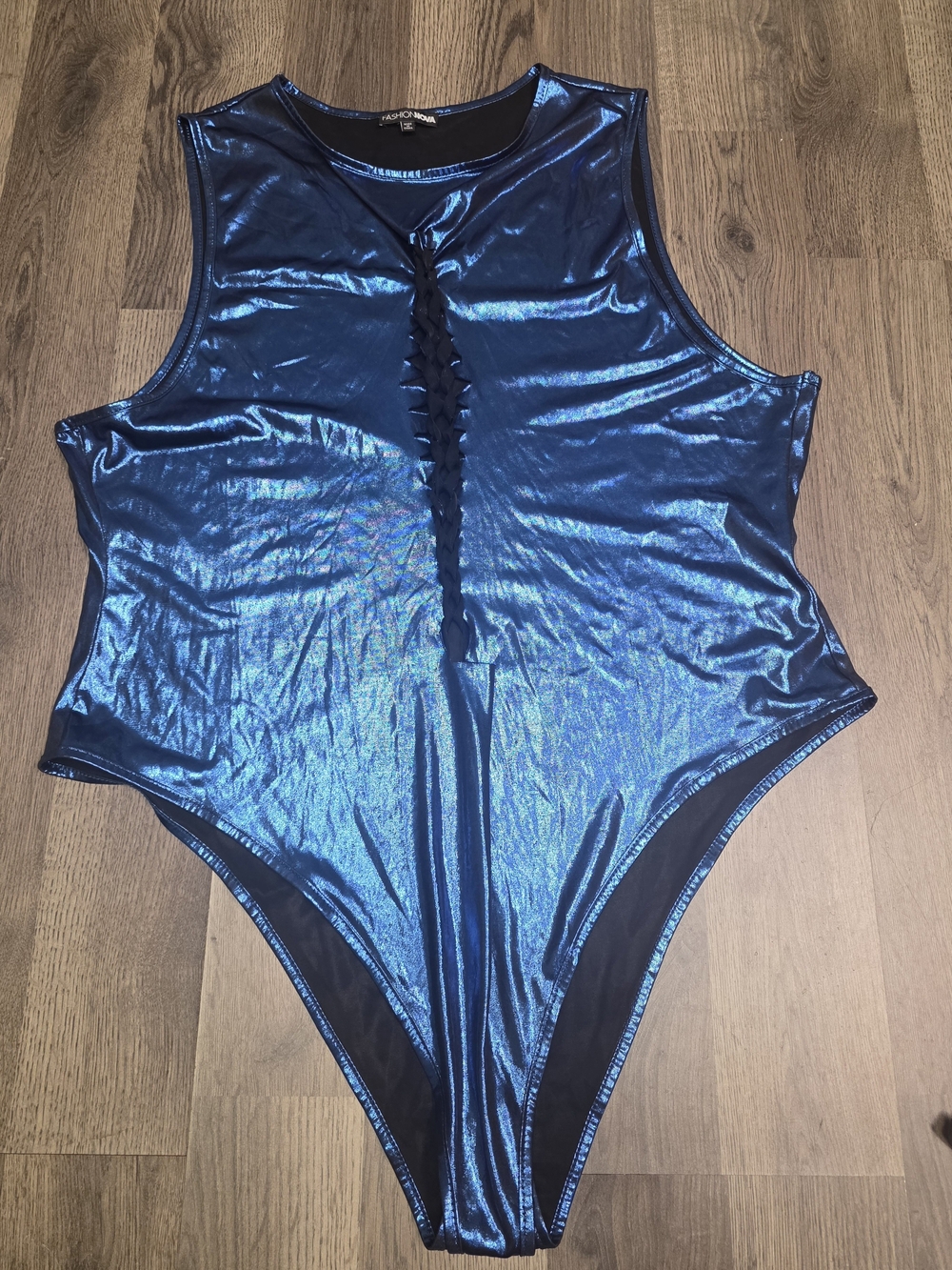 Fashion Nova Metallic Blue Sleeveless Bodysuit